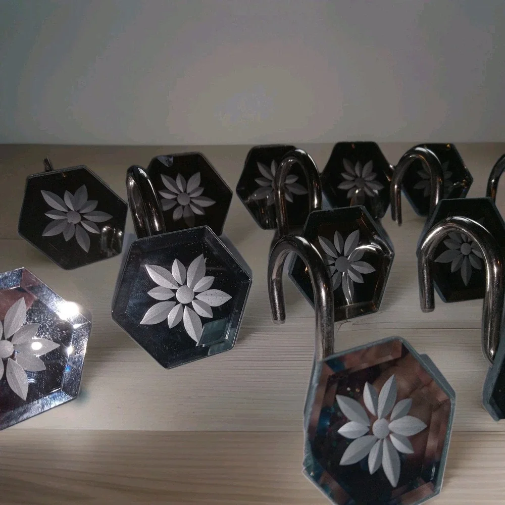 Lot of 12 Hexagon Metal Mirrored Glass White Flower Shower Curtain Hooks Rings